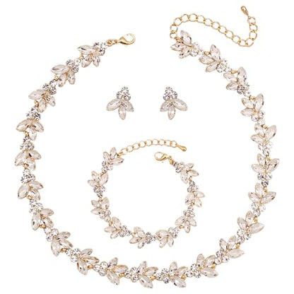 Bridal Wedding Crystal Leaf Choker Necklace Dangle Earring Bracelet Brides Bridesmaid Jewelry Set for Women - color: White-Gold Plated