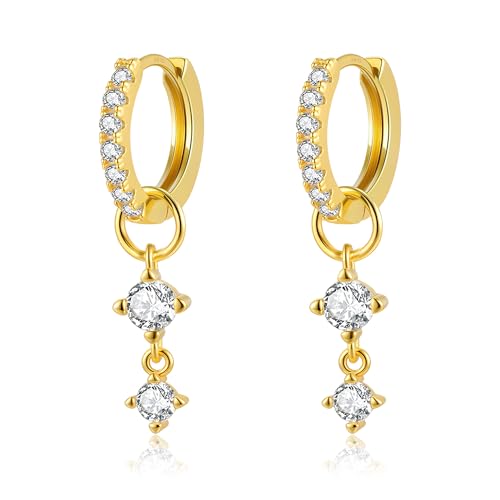 DAILY VIBES Cute Butterfly Star Cross Heart CZ Dangle Earrings for Women | 925 Sterling Silver Post, 14K Gold or Silver Plated, Mini Cubic Zirconia Dainty Drop, Cartilage Small Huggie Hoop Earrings - color: Gold Two Stones