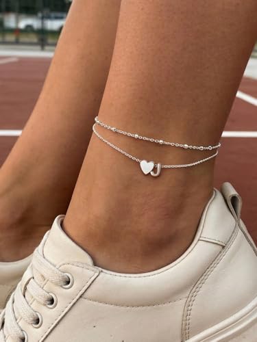 Ankle Bracelets for Women Waterproof 14K Gold/Silver/Black Initial Anklet for Women Dainty Layered Heart Ankle Bracelets Stainless Steel Adjustable Foot Chain Anklet Summer Beach Jewelry - color: J-Silver