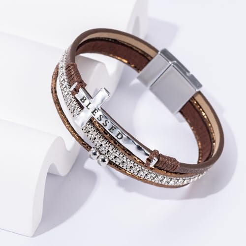 Boho Leather Wrap Bracelets Beaded Stackable Cuff Bracelet Country Concert Outfits Cowboy Cowgirl Western Jewelry Gifts for Women - color: Cross-Brown