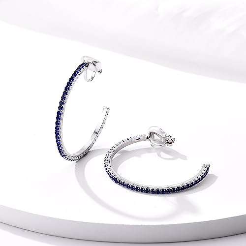 YOQUCOL 4.3CM(1.7in) Clip On Hoop Earrings Cubic Zirconia Non Pierced Ears Hoops for Women - color: Silver-Blue
