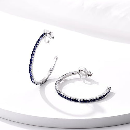 YOQUCOL 4.3CM(1.7in) Clip On Hoop Earrings Cubic Zirconia Non Pierced Ears Hoops for Women - color: Silver-Blue