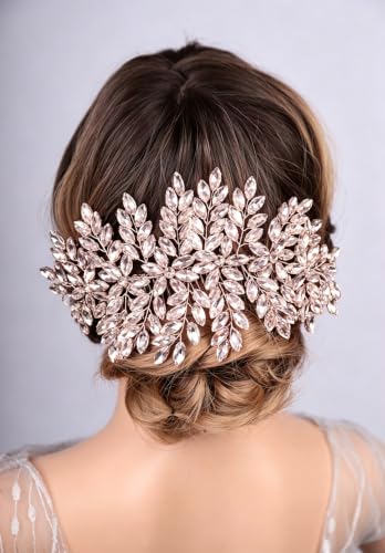 Bridal Rhinestone Hair Comb Large Rhienstone Wedding Headpiece Handmade Crystal Hair Comb for Bride Wedding Hair Accessories for Women (pink) - color: pink