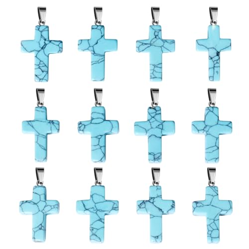 12PCS Natural Stone Cross Pendant Gemstone Charms Bulk for Jewelry Making | Healing Crystal Quartz Chakra Reiki Gemstone Pendants Charms Bulk for Necklace Craft - color: Turquoise Cross(Synthetic)