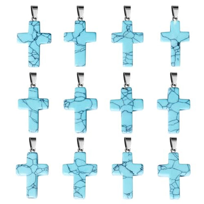 12PCS Natural Stone Cross Pendant Gemstone Charms Bulk for Jewelry Making | Healing Crystal Quartz Chakra Reiki Gemstone Pendants Charms Bulk for Necklace Craft - color: Turquoise Cross(Synthetic)