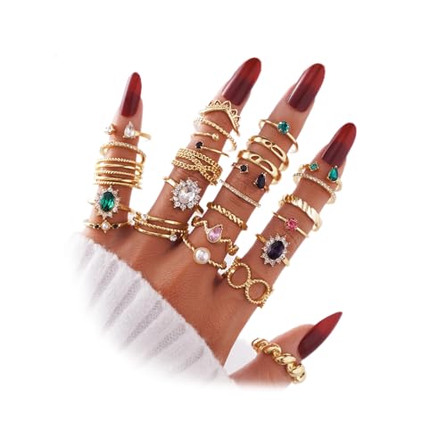 19-36 Pcs Gold Boho Knuckle Rings Set for Women, Vintage Stackable Dainty Joint Finger Gold Jewelry Set with Love Pearl and Sparkling Crystals - color: 26-Pcs
