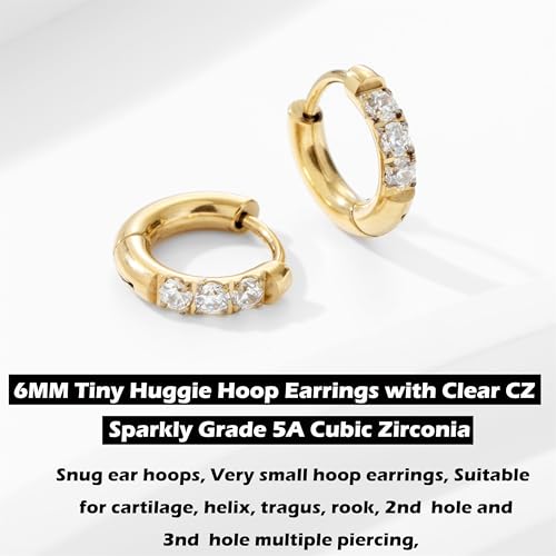 Hypoallergenic Unisex Surgical Steel Small Cubic Zirconia Huggie Hoop Earring, Color Gold - Silver - Rose Gold - Black - Rainbow, Size 6mm- 12mm Safe for Sensitive Ear - style: N01: 6MM Gold Hoops(2mm thickness)