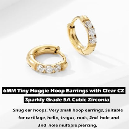 Hypoallergenic Unisex Surgical Steel Small Cubic Zirconia Huggie Hoop Earring, Color Gold - Silver - Rose Gold - Black - Rainbow, Size 6mm- 12mm Safe for Sensitive Ear - style: N01: 6MM Gold Hoops(2mm thickness)