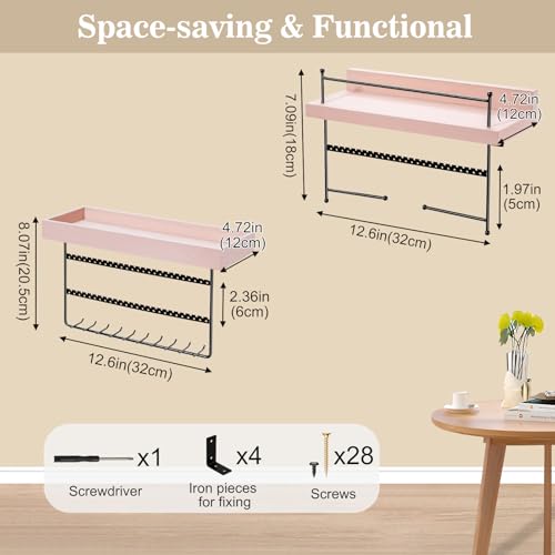 Lolalet Wall Mount Hanging Jewelry Organizer -Set of 2, Pink | Versatile Hanging Holder with Hooks for Earrings, Bracelets and Necklaces, Easy to Install on Bathroom Wall - color: Pink