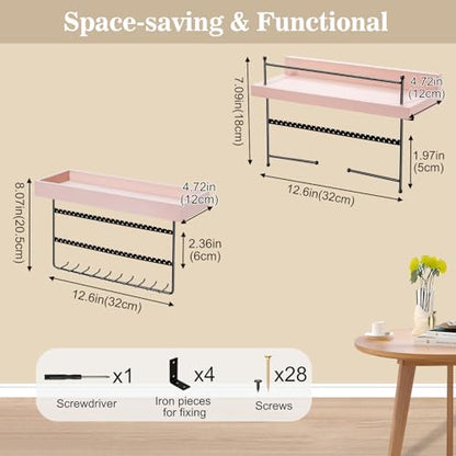 Lolalet Wall Mount Hanging Jewelry Organizer -Set of 2, Pink | Versatile Hanging Holder with Hooks for Earrings, Bracelets and Necklaces, Easy to Install on Bathroom Wall - color: Pink