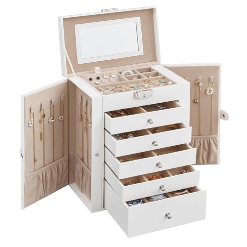 SONGMICS Jewelry Box Organizer, 6-Layer with 5 Drawers, White | Jewelry Storage Case with Lock and Mirror, Large Storage Capacity, for Necklaces, Watches, Gift for Loved Ones UJBC152W01 - color: White, size: 6 Tier