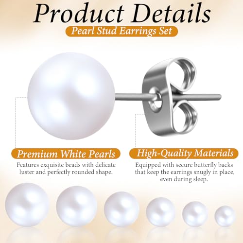 6 Pairs Pearl Earrings Studs, Stainless Steel Studs 3-8mm Pearl Stud for Women Adult Birthday Valentine's Day Women's Jewelry Gifts