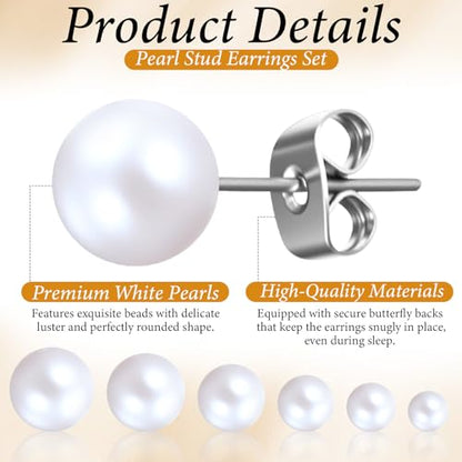 6 Pairs Pearl Earrings Studs, Stainless Steel Studs 3-8mm Pearl Stud for Women Adult Birthday Valentine's Day Women's Jewelry Gifts