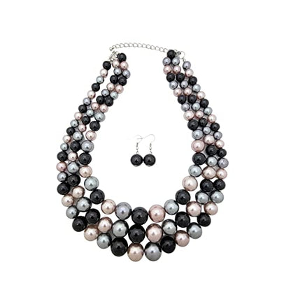 Simulated Pearl Necklace & Earring Set, Multi Strand - color: Black Mix