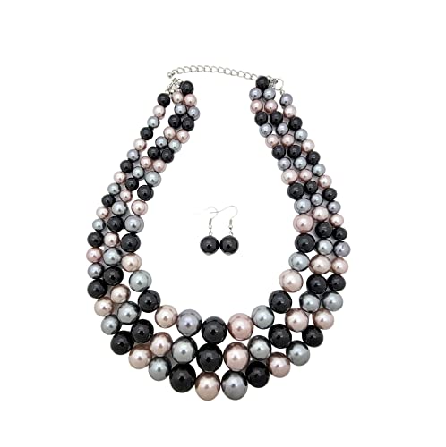 Simulated Pearl Necklace & Earring Set, Multi Strand - color: Black Mix