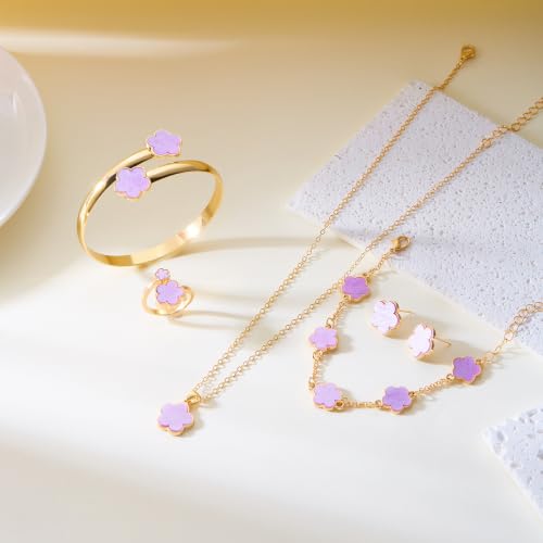 Clover Jewelry Set for Women Non Tarnish Gold-Tone Five Leaf Clover Necklace, Earrings, Ring, Bracelet Fashion Simple Floral Jewelry Set - color: Purple