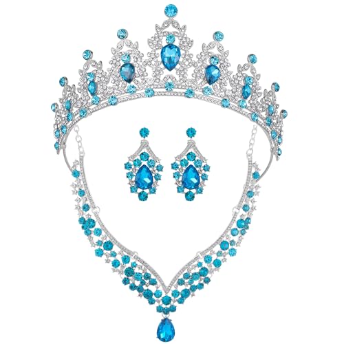 Kamirola Bridal Wedding Tiara Crown Jewelry Set for Women/Brides/Bridesmaids Crystal Jewelry Set for Wedding Prom Party Bridal Crystal Necklace Earrings Bracelet Set(TR60) - color: Silver Skylbue