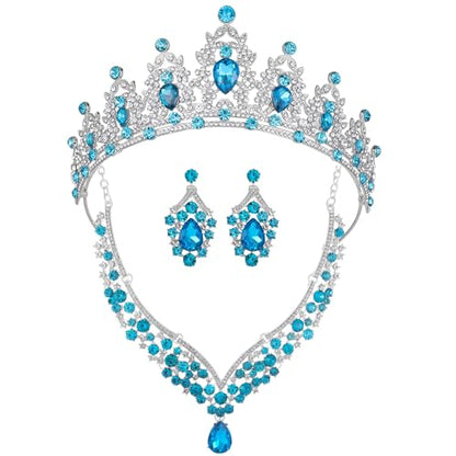 Kamirola Bridal Wedding Tiara Crown Jewelry Set for Women/Brides/Bridesmaids Crystal Jewelry Set for Wedding Prom Party Bridal Crystal Necklace Earrings Bracelet Set(TR60) - color: Silver Skylbue