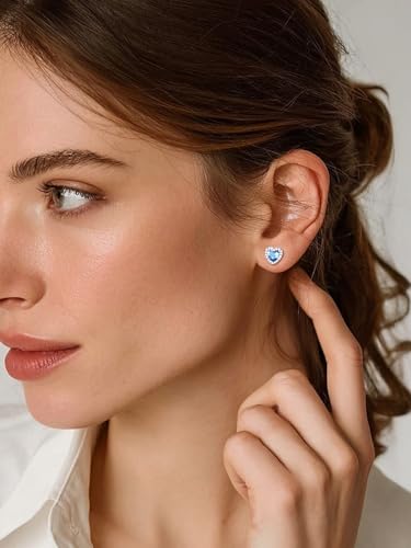 FindChic Birthstone Earrings for Women, Round/Heart/Square/Teardrop Earrings with 925 Sterling Silver Posts & Push Backs, Hypoallergenic Studs with Cubic Zirconia, 12 Months Jewelry with Gift Box - style: 03. March-Aquamarine (Heart-Silver)