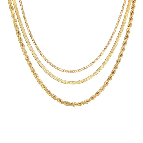 Layered Necklaces for Women, 3 Chain Choker Set, 14k Gold/Silver Plated | 3 Detachable Strands, 7+ Ways to Wear, Tangle Free Design, Herringbone Rope Curb Textures, Tarnish Resistant - color: Gold