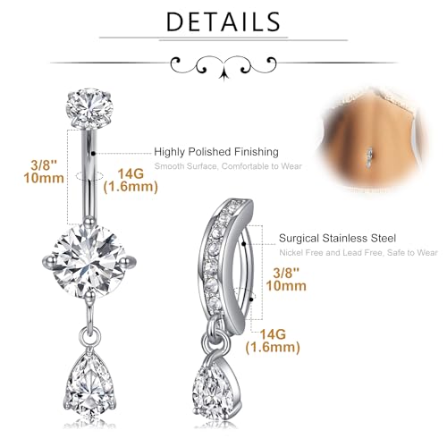 MODRSA Dangle Belly Button Ring Dangling Silver Gold Dangly Belly Piercing Jewelry Hypoallergenic Surgical Steel Butterfly Flower Navel Rings for Women Clicker Navel Piercings Pink - color: B1-Dangle Trendy 2pcs -silver