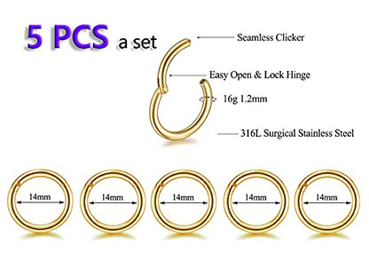 5Pcs 16G 18G Surgical Steel Nose Rings Hoop Tragus Septum Cartilage Hoop Earrings For Women Men Body Piercing Jewelry Kit Bar Length 6mm/8mm/10mm/12mm/14mm - style: 5Pcs -16G - Gold - 14mm