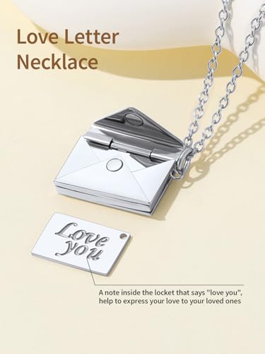 FindChic Locket Necklace for Women Custom Photo Memorial Gifts 4 Colors | Silver/Black/Rose Gold/Gold Plated Personalized for Loved Ones, Birthday Valentine's Day Keepsake - style: 07. Love Letter-Silver
