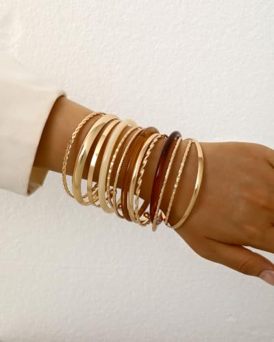 ÌF ME Gold Bangle Bracelets for Women, Indian Bangles Stackable Set, Multi Layer Textured 18K Gold Plated Chunky Bracelets Boho Jewelrys Set - style: G-13PCS Amber Resin Gold