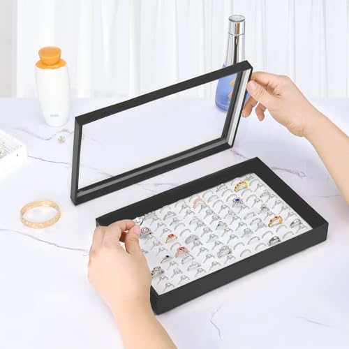 KUKUVR 100 Slots Ring Earring Holder Display Case (Black+White) | Velvet, Clear Lid, Ring Earring Storage Organizer Box Tray, for Women and Selling Show - color: Black+White