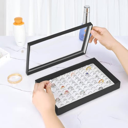 KUKUVR 100 Slots Ring Earring Holder Display Case (Black+White) | Velvet, Clear Lid, Ring Earring Storage Organizer Box Tray, for Women and Selling Show - color: Black+White