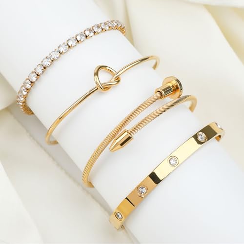 Bracelet Bangle Set, 4pcs Stackable Four Leaf Gold Bracelet Set for Wife Mom Girlfriend - color: Gold (K2)