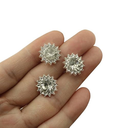 XGNG 24PCS Silver Alloy Diamond Flower Rhinestone Wedding Corsage Bouquet Pins - Round Diamond Crystal Floral Pins for Wedding Bridal Decoration