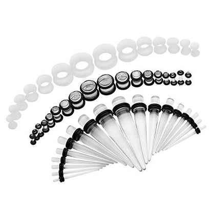 50-Piece Ear Gauges Stretching Kit, 14G-00G | Acrylic tapers and plugs with soft silicone tunnels, body piercing jewelry for women and men - color: Transparent
