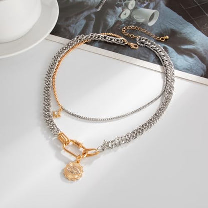 Gold Layered Necklace for Women Chunky Stacked Chain Link Paperclip Evil Eye Necklace Trendy Punk Jewelry - color: Silver A