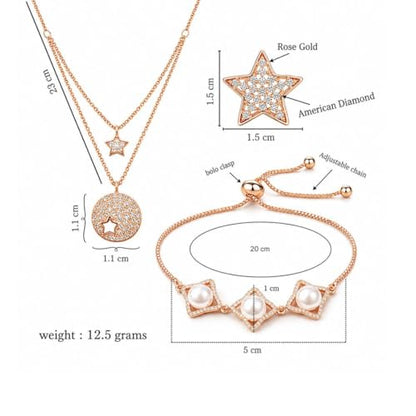 Nilu's Collection Infinity Shape Cubic Zirconia Diamond Bracelet for Women, Jewelry for Gift, Adjustable Charm Bracelet (Rose Gold Necklace + Bracelet) - color: Star Combo