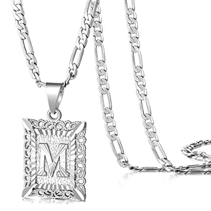 KissYan Initial Necklaces for Women Men | 14K Gold Filled/White Gold Plated, Square Letter Capital Monogram Pendant with 20''+2'' Figaro Chain, Alphabets from A-Z - color: 2-Silver, style: M