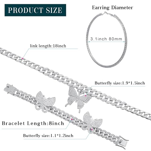 3 Pcs Butterfly Cuban Jewelry Set Cuban Link Chain Necklace for Women Rhinestone Pendant Necklace Bracelet Large Hoop - color: Silver, style: Classic