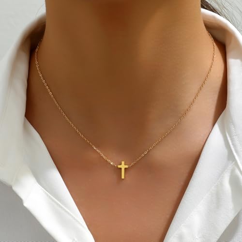 Gold Cross Women's Necklace 18K Gold Plated Stainless Steel Handmade Pearl Necklace Gold Paperclip Necklace, Fashion Jewelry Gifts - style: Retro