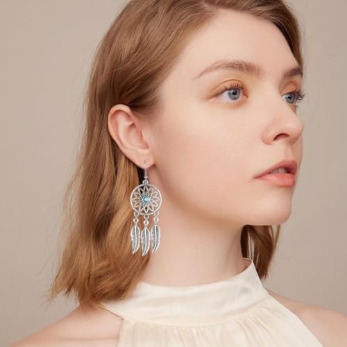 Blue Turquoise Dream Catcher Feather Earrings for Women Vintage Bohemian Western Jewelry - style: Silver Sunflower