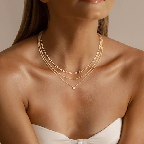 CHESKY Gold Layered Necklaces Set, 14K Gold Plated Paperclip Chain Stack | 3 Pcs Dainty Layering Necklaces, Gold CZ Pendant Necklace Trendy Jewelry Gift for Women Daily Wear - style: CZ-gold