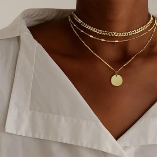 Gold Neklace Stack Dainty Gold Herringbone Necklace for Women Layered Paperclip Chain Necklaces Rhinestone Drop Simple Jewelry Gifts for Women - color: B2：coin pendant