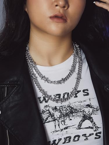Bandmax Stainless Steel Barbed Wire Cuban Chain Necklace for Men & Women | Edgy Fierce Design, Waterproof & Tarnish Resistant, Silver/Black Tone, 5/7/9/12MM, 16-22 Inches, Street Punk Style Jewelry - color: A1 9MM-Silver, size: 18 Inch (46cm, Pop Choice)