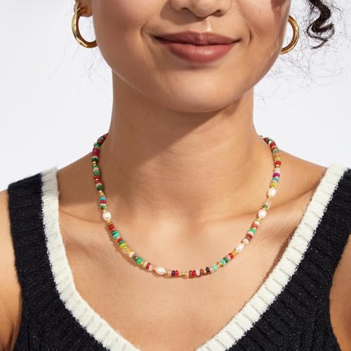 KissYan Beaded Choker Necklace for Women, Colorful Natural Gemstones Pearl Choker 14K Gold Plated Pendant Healing Crystal Necklace Handmade Stone Jewelry Gift | 14K Gold Plated Pendant Necklaces, Natural Gemstones Pearl Choker, Healing Crystal Chain, Hand