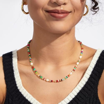 KissYan Beaded Choker Necklace for Women, Colorful Natural Gemstones Pearl Choker 14K Gold Plated Pendant Healing Crystal Necklace Handmade Stone Jewelry Gift | 14K Gold Plated Pendant Necklaces, Natural Gemstones Pearl Choker, Healing Crystal Chain, Hand