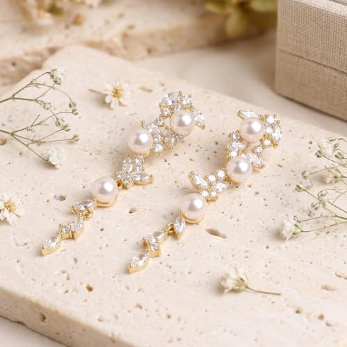 Sonateomber Gold Silver Pearl Rhinestone Dangle Earrings for Women, Elegant CZ Leaf Butterfly Bridal Earings Prom Wedding Fashion Jewelry Gift - color: Gold