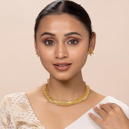 Aheli Bollywood Traditional Gold Tone Short Necklace Earrings Jewelry Set Gift for Women Wedding Party Ethnic Fashion Wear - color: Gold 28