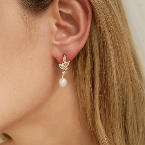 Pearl Earrings for Women:Gold Wedding Dangle Drop Earring Pearl Jewelry | 14K Gold Plated Pearl Drop Earrings for Women,Dainty Wedding Bride Earring Studs,Gold Dangle Drop Earring,Waterproof Jewelry - size: 1 pcs-12