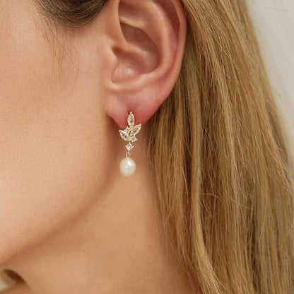 Pearl Earrings for Women:Gold Wedding Dangle Drop Earring Pearl Jewelry | 14K Gold Plated Pearl Drop Earrings for Women,Dainty Wedding Bride Earring Studs,Gold Dangle Drop Earring,Waterproof Jewelry - size: 1 pcs-12