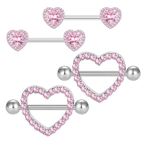 14G Nipple Rings for Women 316L Stainless Steel Heart,Butterfly,Moon,Devil,Flower Nipple Barbell CZ Nipple Rings Set Nipplerings Piercing Jewelry - color: pink