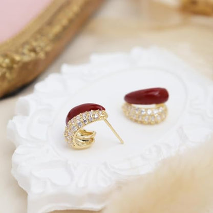 Sonateomber Gold Chunky Crystal Hoop Earrings for Women, Trendy Statement Sparkly CZ Rhinestone Thick Open Hoops Earings Hypoallergenic Wedding Prom Everyday Accessories Fashion Jewelry Gift - color: Double CZ Red